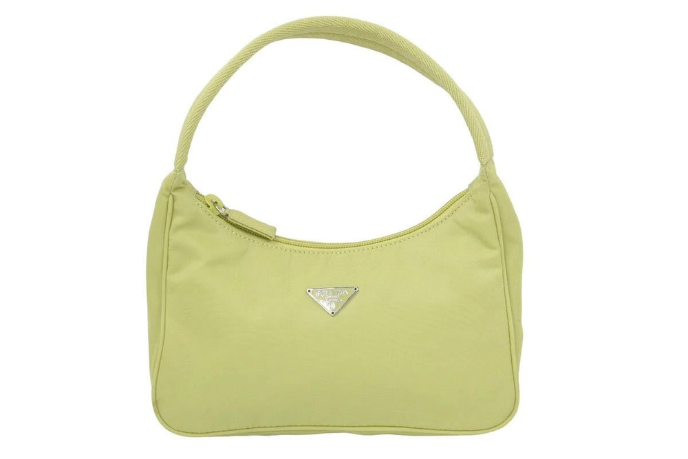 Prada Hobo Handbag Pouch Clutch Bag Triangle Plate Tessuto Lime Green